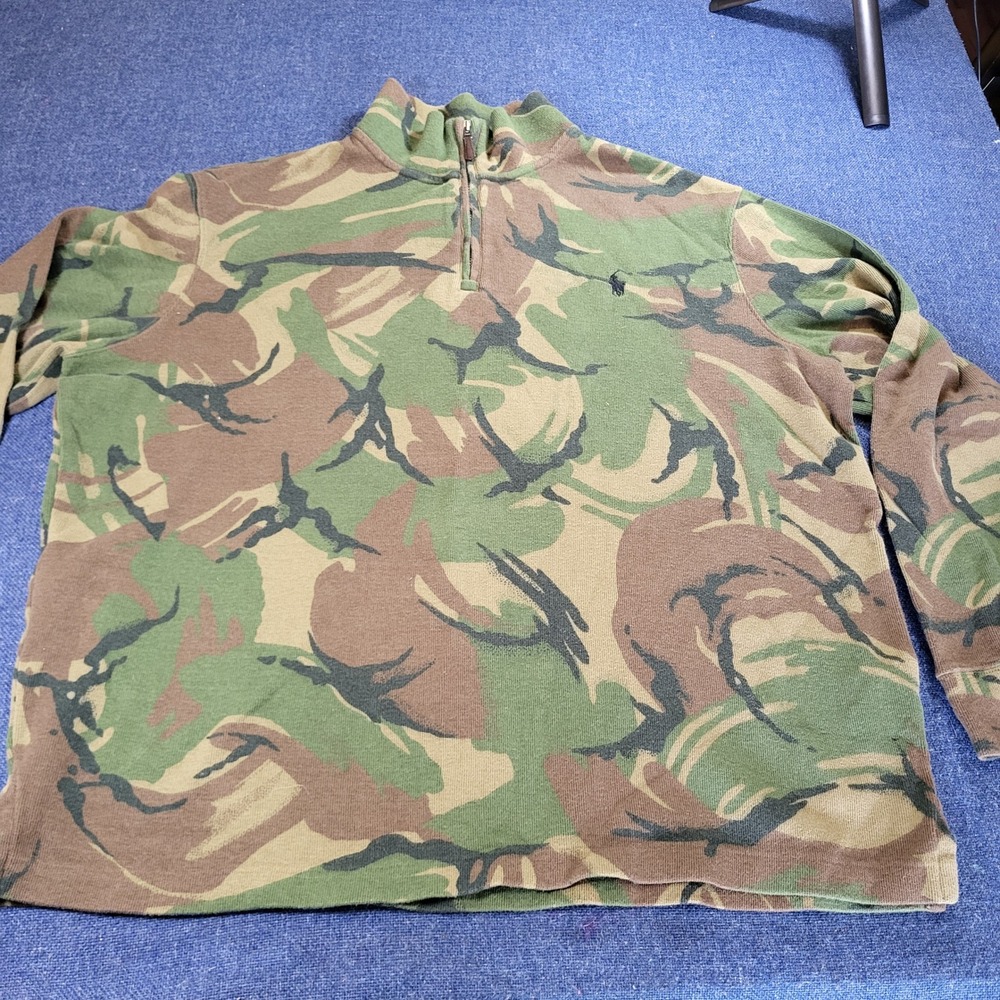 Polo Ralph Lauren Mens Large Camo Estate Rib Quarter Zip Pullover Sweater Green